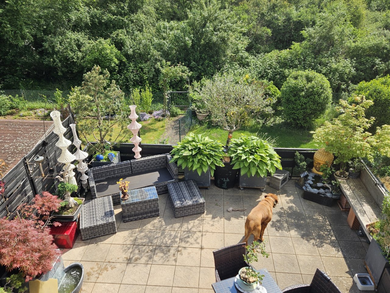 Blick von Balkon 1-OG auf Terrasse im EG